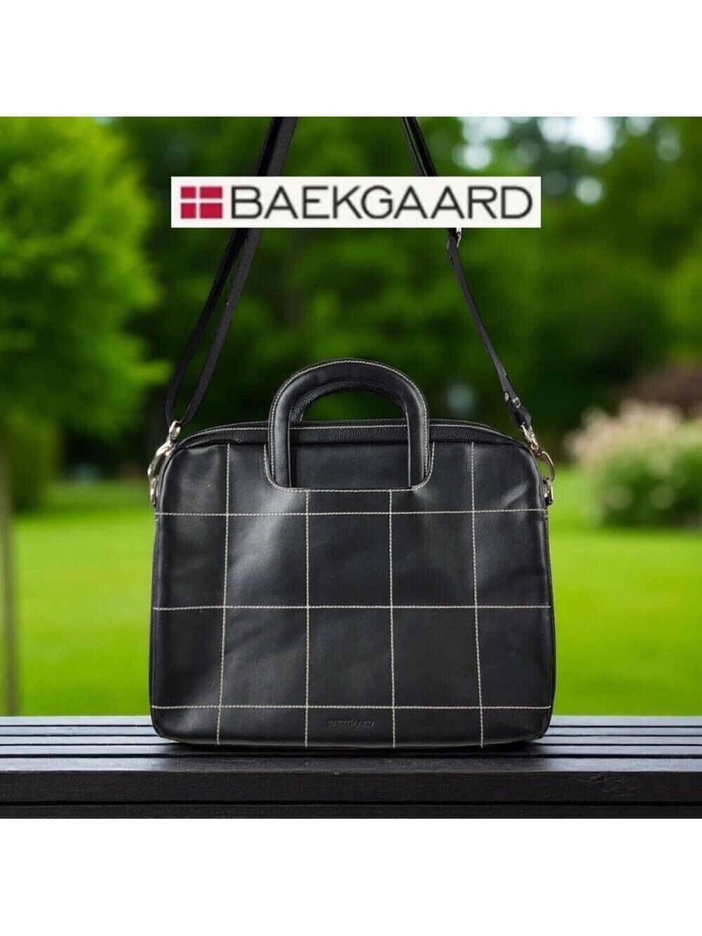 Baekgaard Black Vegan Leather Laptop Bag Grid Stitching – 13.5"x11"